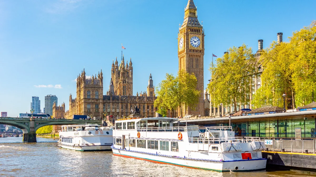 The Houses of Parliament and Big Ben viewed from Westminster Pier, London, UK